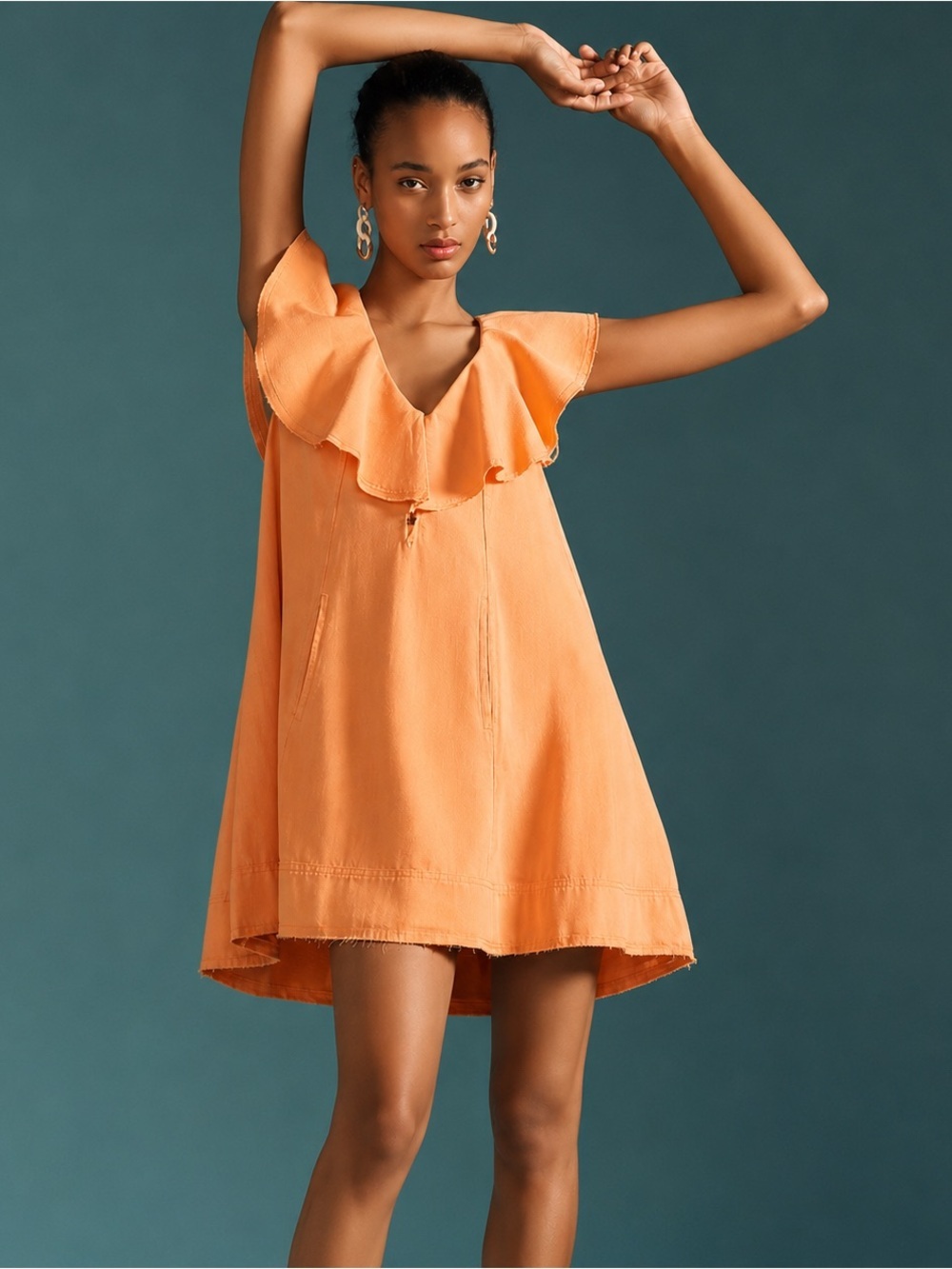 Anthropologie Pilco Orange Ruffle V-Neck Mini Dress Cotton Tunic Shift Size S
